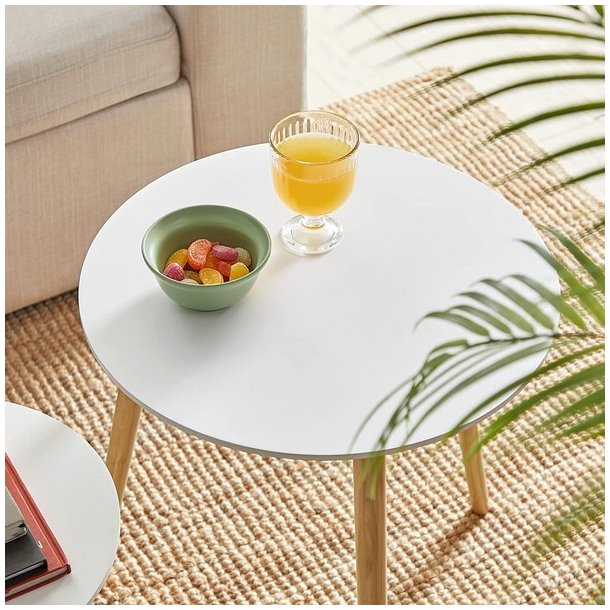 Indskudsborde - 2 runde sideborde - hvid/brun sofabordss�t