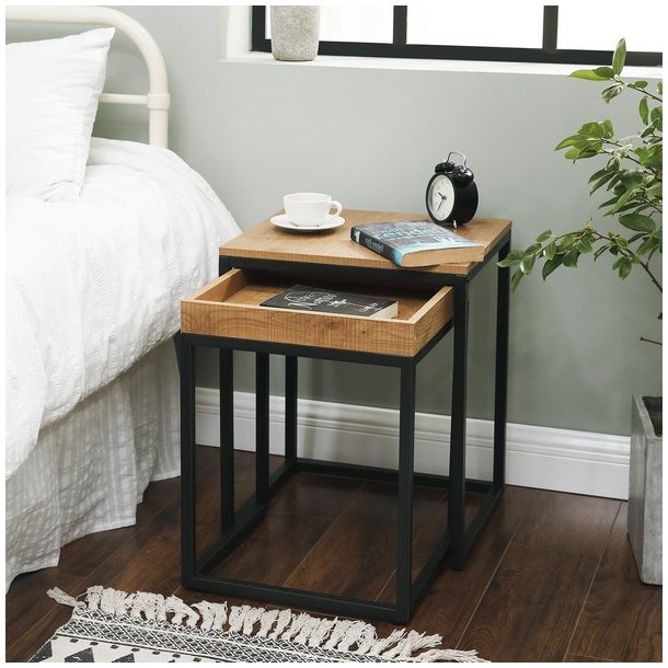 Indskudsborde - 2 sideborde i industrielt design - lysebrun