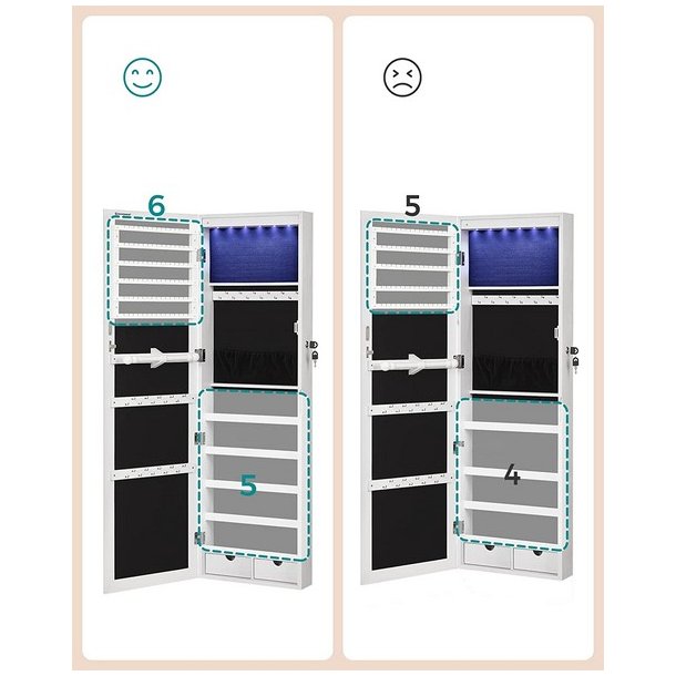Smykkeskab med lys - v�gh�ngt spejlskab til d�r og v�g - hvid