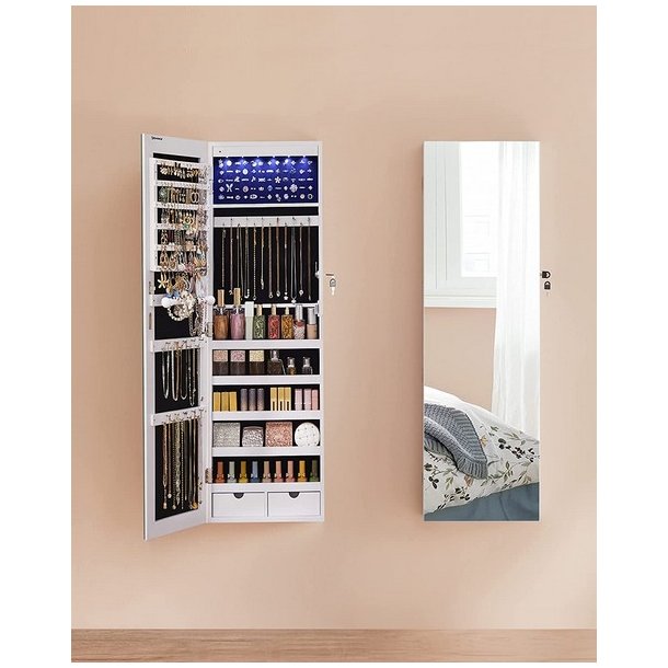 Smykkeskab med lys - v�gh�ngt spejlskab til d�r og v�g - hvid