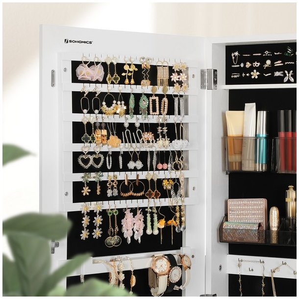 Smykkeskab - spejlskab med rum til makeup og smykker - hvid