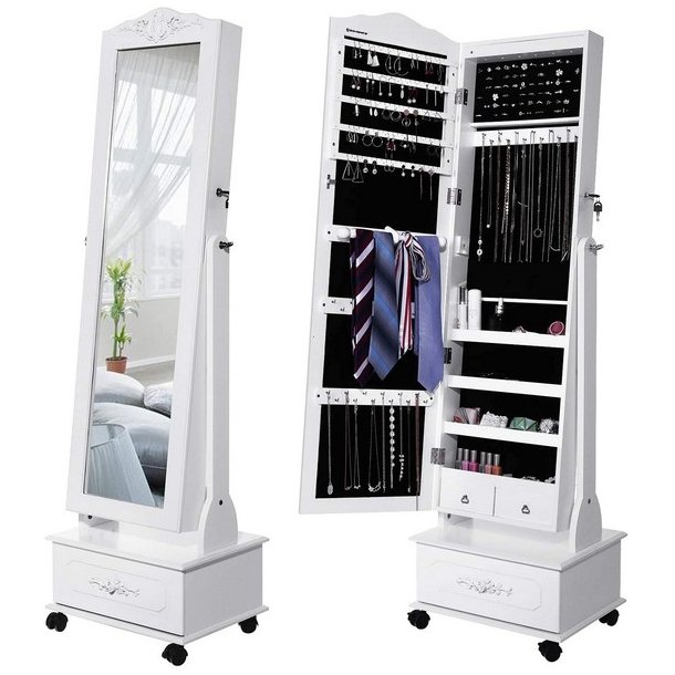 Smykkeskab med spejl, hjul og LED lys - skab til smykker - hvid