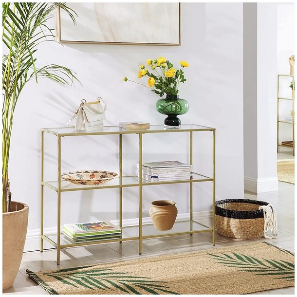 Sk�nk - konsolbord med h�rdet glas og gyldent stel 100x30x73