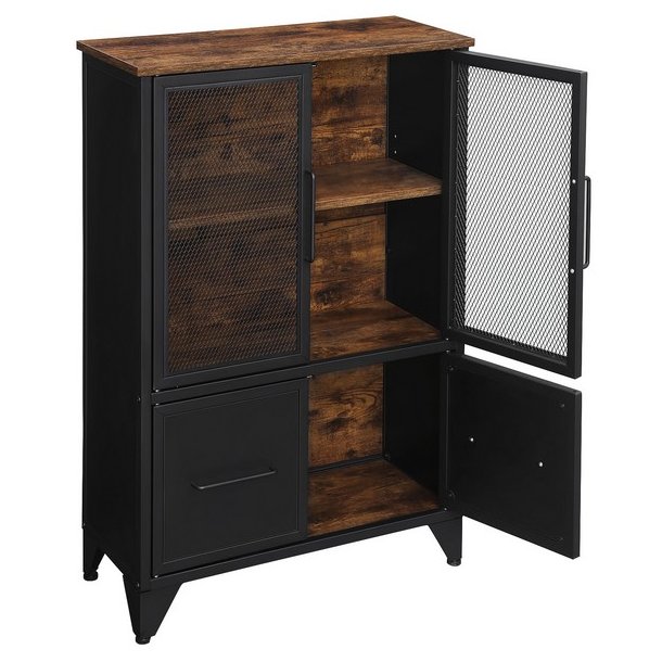 Sk�nk - h�j kommode - rustik brun tr� og sort st�l - 70x33x100