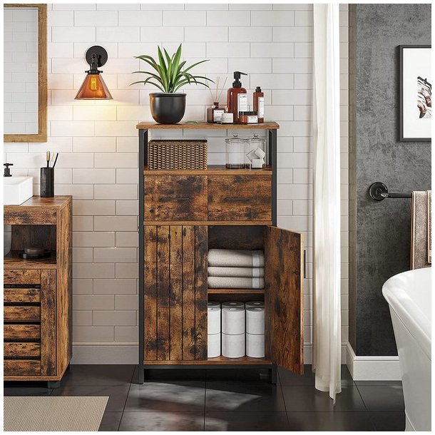 Sk�nk med skab og skuffe - rustik brun opbevaringsskab 60x30x108