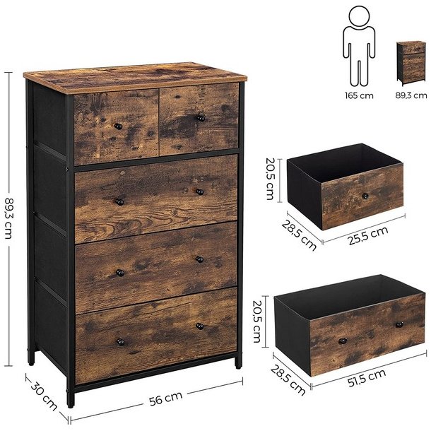 Kommode med 5 stofskuffer i industrielt design - rustik brun