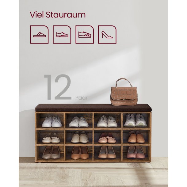 Skob�nk - siddeb�nk med skohylder - entreb�nk med skorum - rustik brun