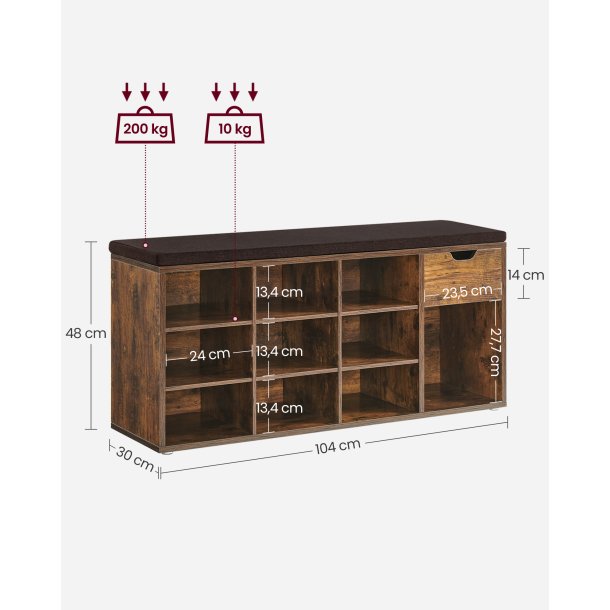 Skob�nk - siddeb�nk med skohylder - entreb�nk med skorum - rustik brun