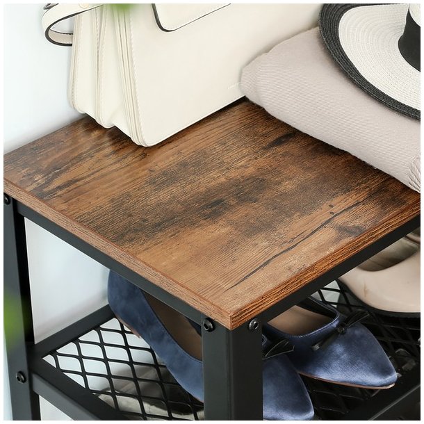 Skob�nk med 2 tr�dhylder - siddeb�nk med skohylder - rustik brun