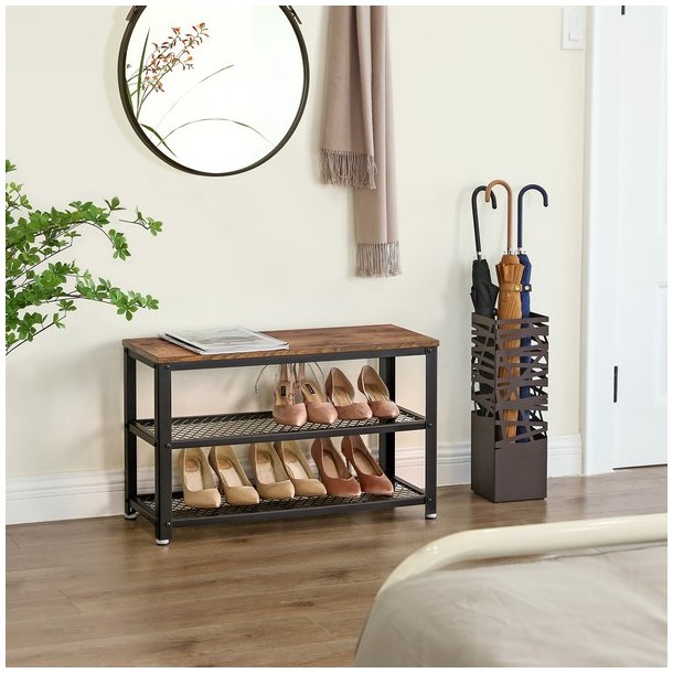 Skob�nk med 2 tr�dhylder - siddeb�nk med skohylder - rustik brun