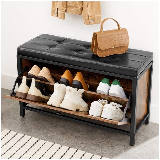 Skob�nk med skoskab til sko - polstret siddeb�nk - rustik brun