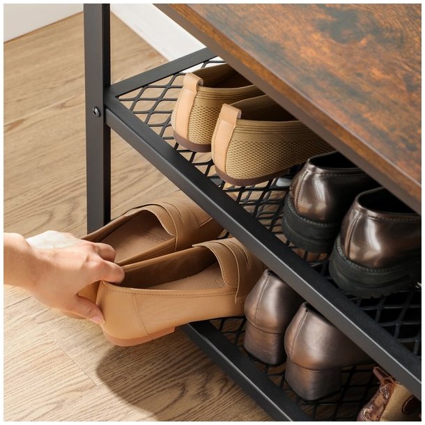 Skob�nk med 2 hylder - siddeb�nk med skohylder - rustik brun