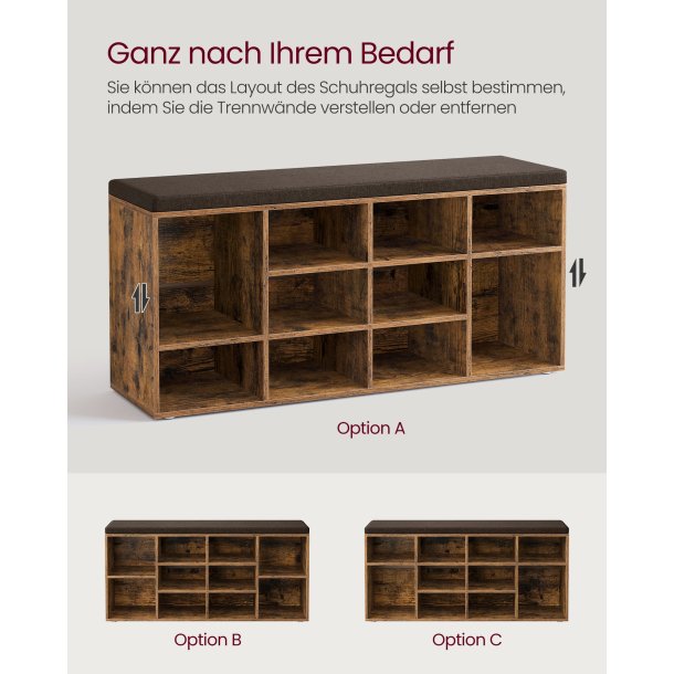 Skob�nk - siddeb�nk med skohylder - entreb�nk med skorum - rustik brun