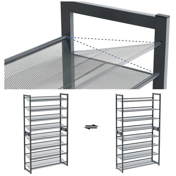 Skoreol med 8 hylder - s�t med 2 x 4 skohylder - gr� metal