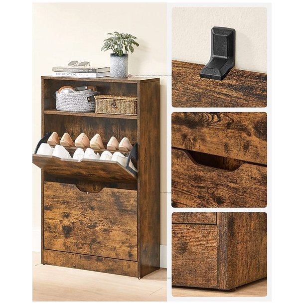 Skoskab med 2 skuffer - skoreol med 2 rum - rustik brun