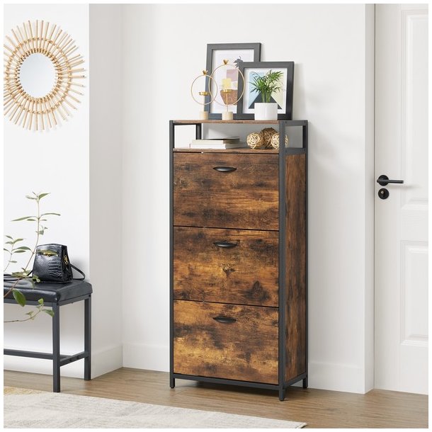 Skoskab med 3 rum - skoreol med 3 skuffer - rustikt brunt