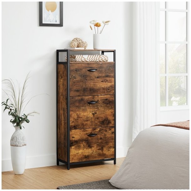 Skoskab med 3 rum - skoreol med 3 skuffer - rustikt brunt