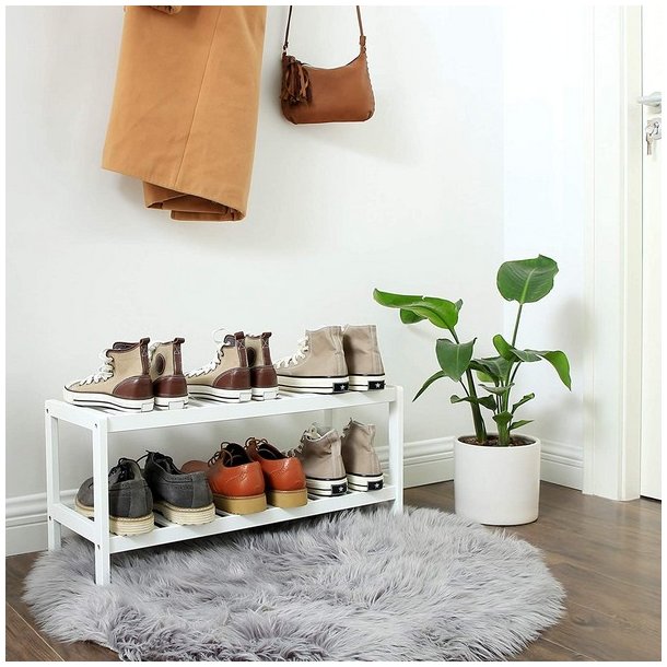 Skoreol i bambus med 2 hylder - hvidt skostativ 70 x 33 x 26