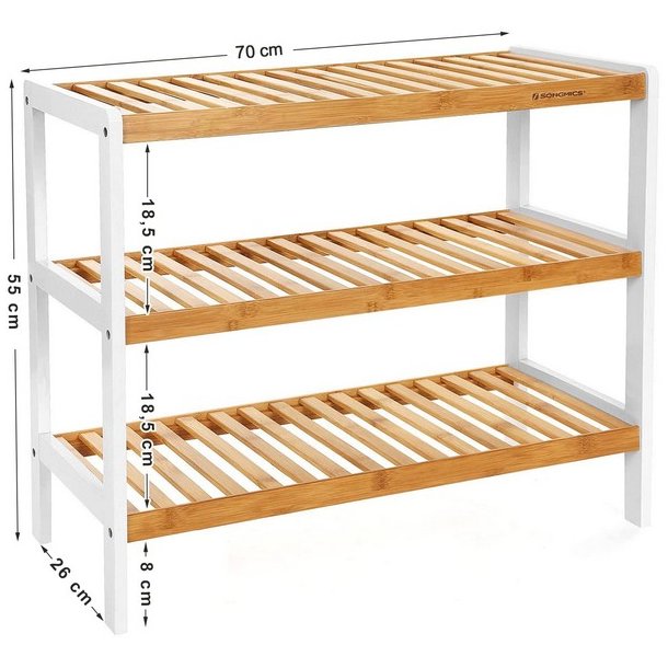 Skoreol i bambus med 3 hylder - hvid og brun 70 x 55 x 26