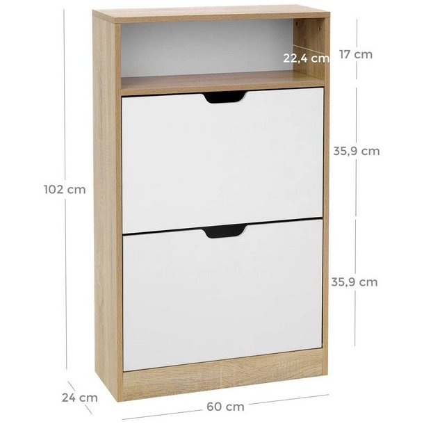 Skoskab med 2 skuffer - skoreol med 2 rum - hvid og brun