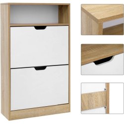 Skoskab med 2 skuffer - skoreol med 2 rum - hvid og brun