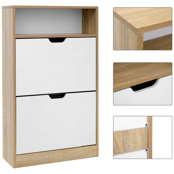 Skoskab med 2 skuffer - skoreol med 2 rum - hvid og brun