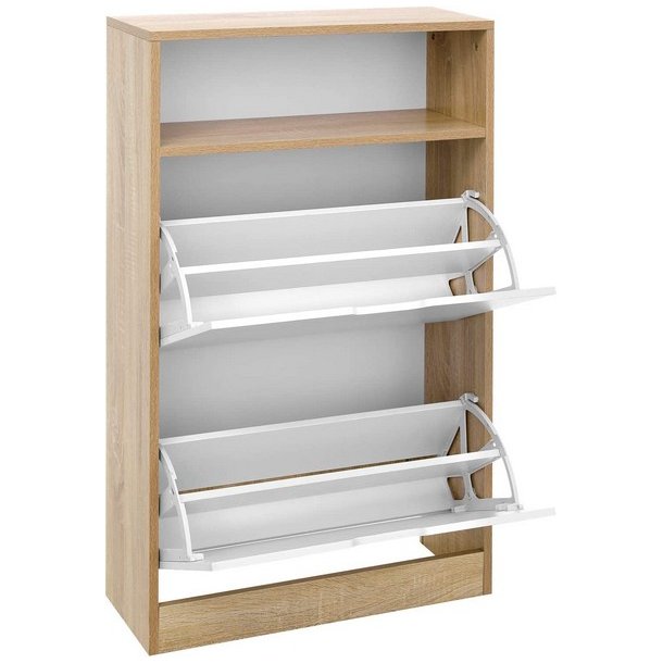 Skoskab med 2 skuffer - skoreol med 2 rum - hvid og brun