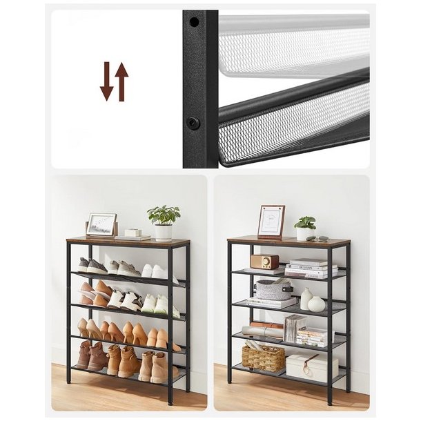 Skoreol med 4 hylder - skostativ med metalhylder - rustik brun