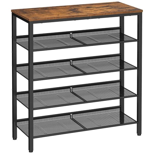 Skoreol med 4 hylder - skostativ med metalhylder - rustik brun