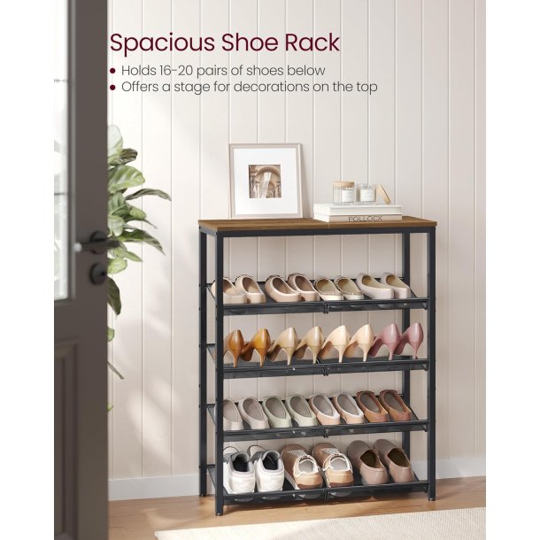 Skoreol med 4 hylder - skostativ med metalhylder - brun