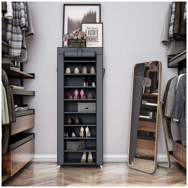 Skoskab med 10 hylder til 27 sko - 160 x 58 x 28 cm - gr�