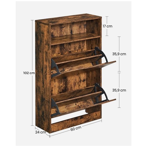 Skoskab med 2 skuffer - skoreol med 2 rum - rustik brun