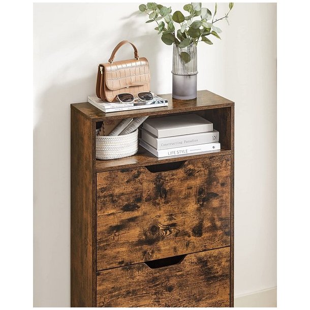 Skoskab med 2 skuffer - skoreol med 2 rum - rustik brun