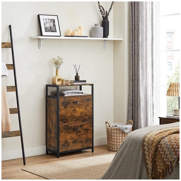 Skoskab med 2 rum - skoreol med 2 skuffer - rustikt brunt