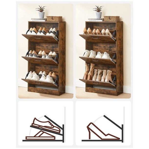 Skoskab med 3 skuffer - skoreol med 3 rum - rustik brun