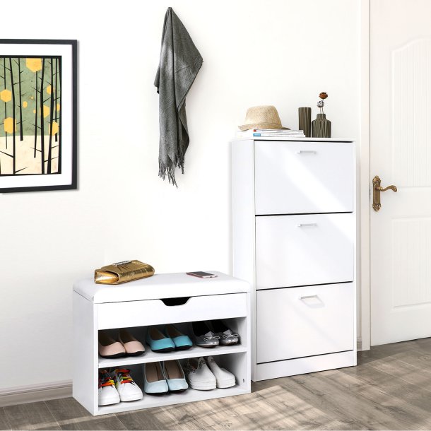 Skoskab med 3 skuffer - skoreol med 3 rum - hvid
