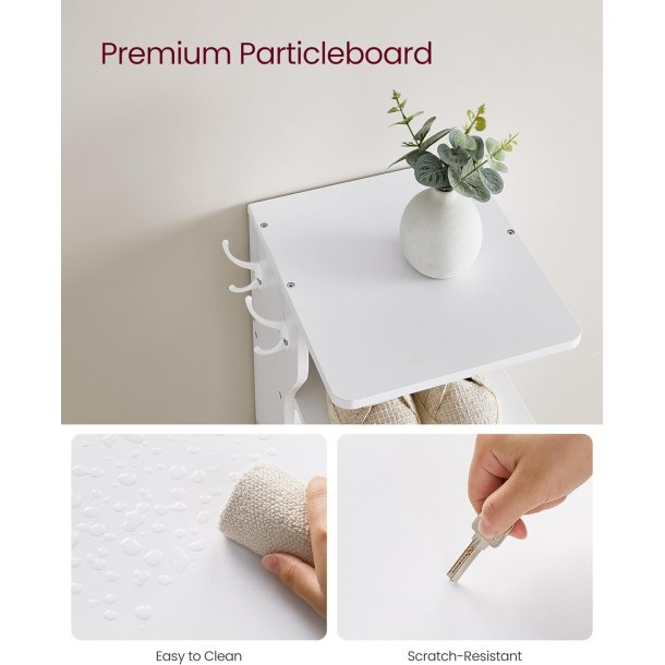 Skoreol med 7 hylder - smal skostativ med knager - hvid