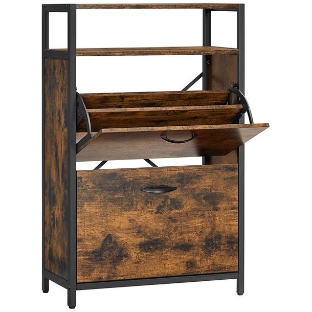 Skoskab med 2 rum - skoreol med 2 skuffer - rustikt brunt