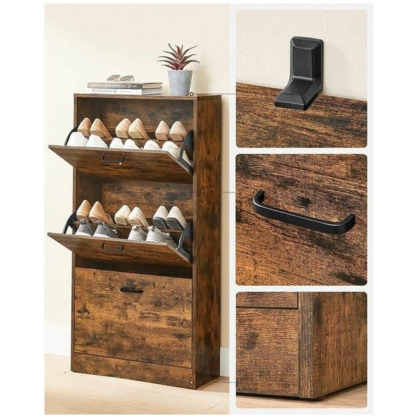 Skoskab med 3 skuffer - skoreol med 3 rum - rustik brun