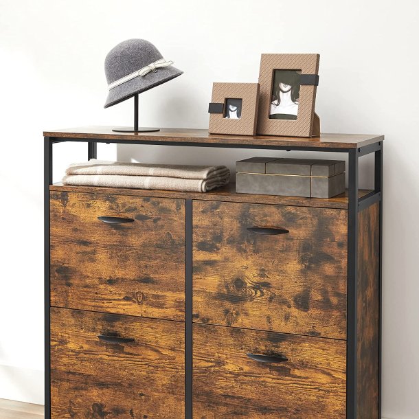 Skoskab med 4 rum - skoreol med 4 skuffer - rustik brun