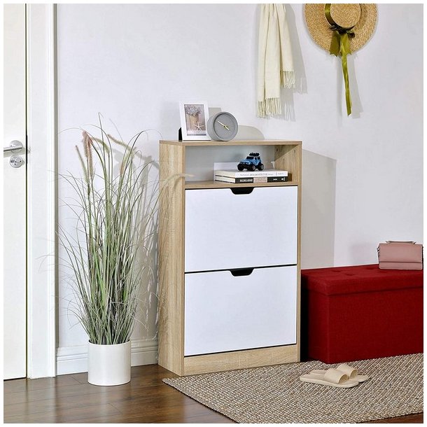 Skoskab med 2 skuffer - skoreol med 2 rum - hvid og brun