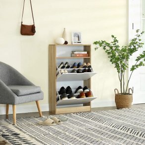 Skoskab med 2 skuffer - skoreol med 2 rum - hvid og brun