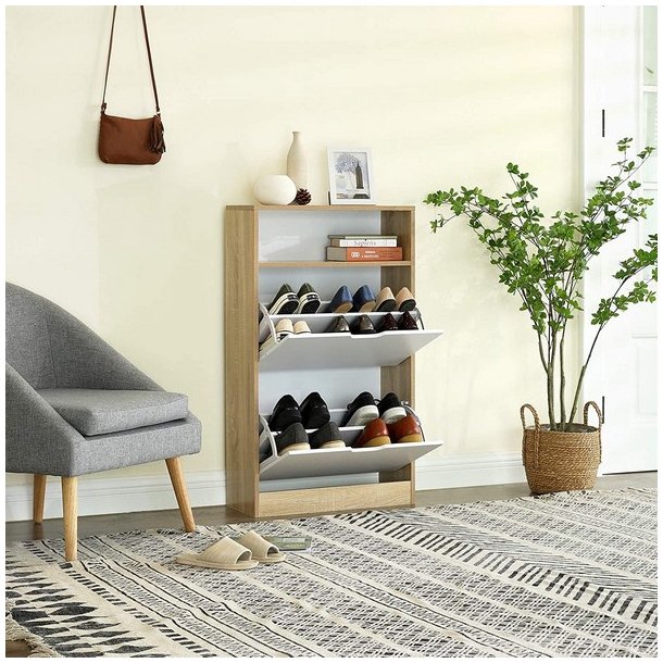 Skoskab med 2 skuffer - skoreol med 2 rum - hvid og brun