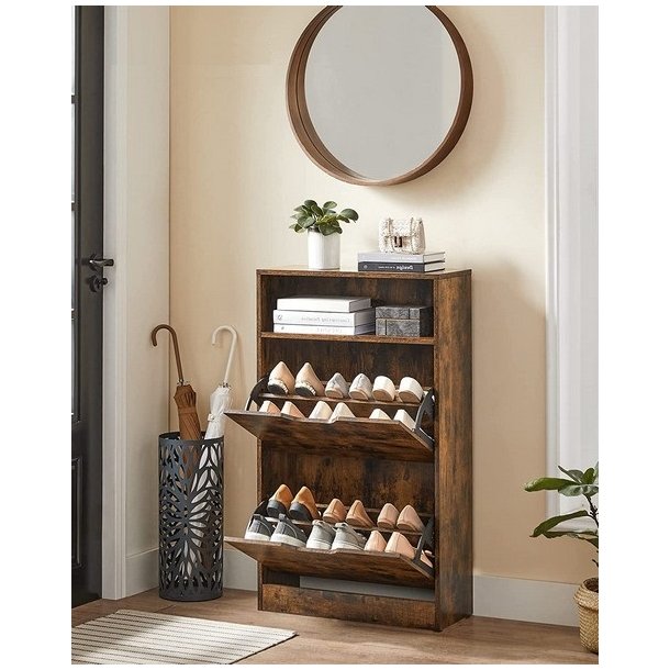 Skoskab med 2 skuffer - skoreol med 2 rum - rustik brun