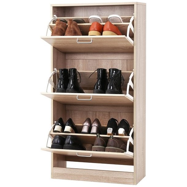 Skoskab med 3 skuffer - skoreol med 3 rum - eg brun