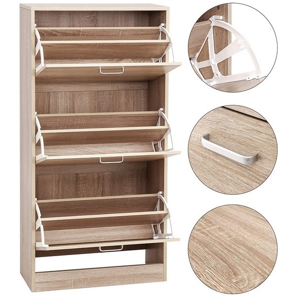 Skoskab med 3 skuffer - skoreol med 3 rum - eg brun