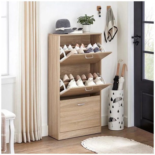 Skoskab med 3 skuffer - skoreol med 3 rum - eg brun