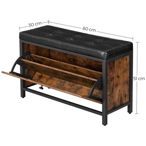 Skob�nk med skoskab til sko - polstret siddeb�nk - rustik brun