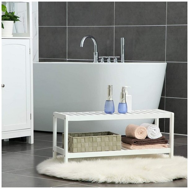 Skoreol i bambus med 2 hylder - hvidt skostativ 70 x 33 x 26