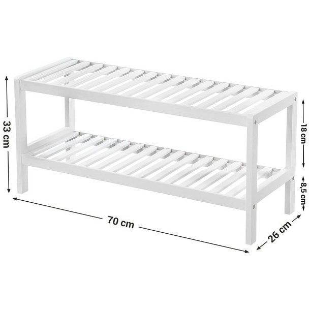 Skoreol i bambus med 2 hylder - hvidt skostativ 70 x 33 x 26